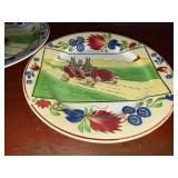 Pair of Antique Stick Spatter Spongeware Rabbitware Rabbit Plate ~ Jalopy Car c 1900