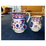 Vintage Stick Spatter Ironstone Floral Ceramic Pitchers Set of 2