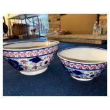 Set of 2 British Ironstone Pedestal Bowls, Flow Blue and Stick Spatter