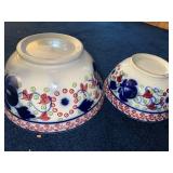 Set of 2 British Ironstone Pedestal Bowls, Flow Blue and Stick Spatter