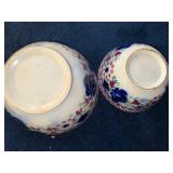 Set of 2 British Ironstone Pedestal Bowls, Flow Blue and Stick Spatter