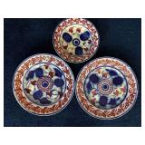 Set of 3 Vibrant Antique Stick Spatter Ironstone Floral Pattern Ceramic Bowls