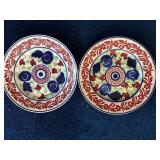 Pair of Antique Spatterware Floral Decorative Plates with Red Blue Green Pattern
