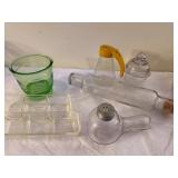 Vintage Glassware Lot: UV Reactive Green Cup, Bottles, Tray