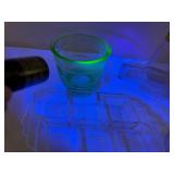 Vintage Glassware Lot: UV Reactive Green Cup, Bottles, Tray