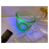 Vintage Glassware Lot: UV Reactive Green Cup, Bottles, Tray
