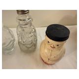 Vintage Glass Character Bottles & Snowman Shakers Set