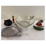 Whimsical Decor Lot: Glass Bowl, Metal Rabbit Dish, Cat Candle Holder, Figurines