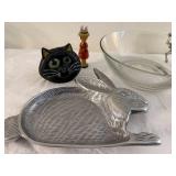 Whimsical Decor Lot: Glass Bowl, Metal Rabbit Dish, Cat Candle Holder, Figurines