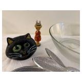 Whimsical Decor Lot: Glass Bowl, Metal Rabbit Dish, Cat Candle Holder, Figurines