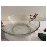 Whimsical Decor Lot: Glass Bowl, Metal Rabbit Dish, Cat Candle Holder, Figurines