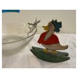 Whimsical Decor Lot: Glass Bowl, Metal Rabbit Dish, Cat Candle Holder, Figurines