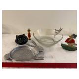 Whimsical Decor Lot: Glass Bowl, Metal Rabbit Dish, Cat Candle Holder, Figurines