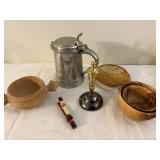 Lot of Vintage Metal Mug, Wooden Bowls, Candle Holder & Santa Peg