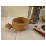 Lot of Vintage Metal Mug, Wooden Bowls, Candle Holder & Santa Peg