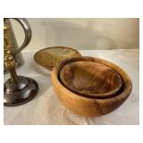 Lot of Vintage Metal Mug, Wooden Bowls, Candle Holder & Santa Peg