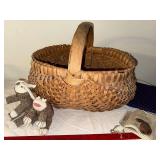 Woven Basket with Handle and Sock Monkey Lot