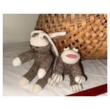 Woven Basket with Handle and Sock Monkey Lot