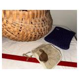 Woven Basket with Handle and Sock Monkey Lot
