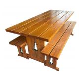 P - Wooden Pine Table with Two Benches and Tree Cutout Detail