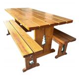 P - Wooden Pine Table with Two Benches and Tree Cutout Detail