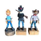 P - Set of 3 Hand Carved Wooden Cowboy Figurines by Pobbies Crafty Crafts