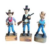 P - Set of 3 Hand Carved Wooden Cowboy Figurines by Pobbies Crafty Crafts