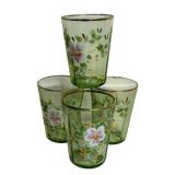 P - Vintage Hand Painted Green Pitcher with 4 Floral Glasses