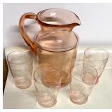 P - Vintage Etched Pink Depression Glass Pitcher with 4 Matching Glasses