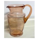 P - Vintage Etched Pink Depression Glass Pitcher with 4 Matching Glasses