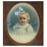 P - Antique Framed Portrait Print of Child with Blue Bow