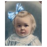 P - Antique Framed Portrait Print of Child with Blue Bow