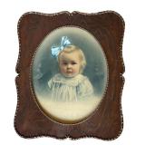 P - Antique Framed Portrait Print of Child with Blue Bow