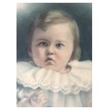 P - Antique Framed Portrait Print of Child with Lace Collar