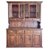 LR - Vintage Wooden China Hutch with Glass Display and Brass Hardware
