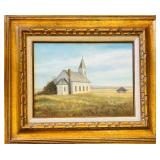 LR - Oil Painting A Prairie Church by Pearl Charlson in Ornate Gold Frame