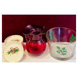 DR - Holiday Kitchenware Set with Salem Collector Plates, Red Glass Pitcher, and Holly Bowl