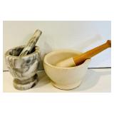 K - Set of 2 Mortar and Pestle Sets, Marble and Ceramic, 4 Inch Tall