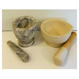 K - Set of 2 Mortar and Pestle Sets, Marble and Ceramic, 4 Inch Tall