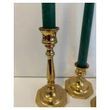 LR - Set of 4 Brass Taper Candle Holders with Green Candles, Tallest 7 Inches