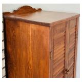 LR - Vintage Wooden Tall Corner Cabinet with Louvered Doors and Drawer
