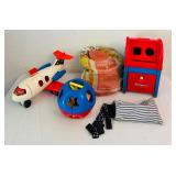 LR - Vintage Fisher-Price Jet, Playskool Postal Station, Shape Sorter, and Dominoes Set