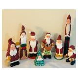 LL - Collection of 8 Pobbies Crafty Crafts Hand Carved Folk Art Santa Figurines and Christmas Tree