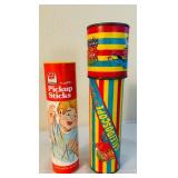 LL - Collection of Vintage Wooden and Plastic Toys Including Puppet Bank, Daruma Otoshi, Pickup Sticks, and Kaleidoscope