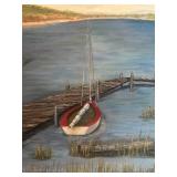LL - Pearl Charlson Framed Lake Dock and Boat Original Oil Painting