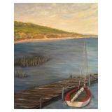 LL - Pearl Charlson Framed Lake Dock and Boat Original Oil Painting