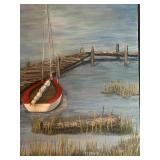 LL - Pearl Charlson Framed Lake Dock and Boat Original Oil Painting