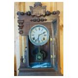 LL - Antique Wooden Mantel Clock with Ornate Glass and Key