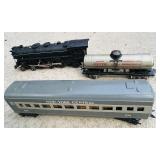 K - Set of 3 Vintage Model Train Cars including Locomotive, Tanker, and New York Central Passenger Car