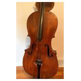 Vintage Cello with Bow and Wooden Stand